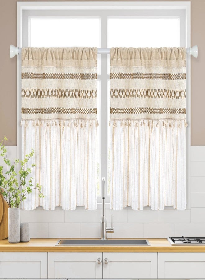 FRAMICS Farmhouse Kitchen Curtains 36 Inch Length Striped Short Curtain for Windows Boho Crochet Small Window Curtains for Kitchen Rod Pocket Light Filtering Tier Curtain for Bathroom, Cafe - Image 1